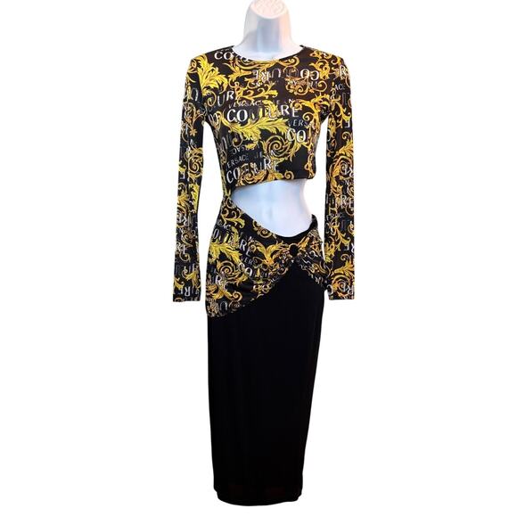 NWT VERSACE Jeans Couture LOGO Midi Cocktail Club Dress 38 XS Baroque Cutout - Picture 1 of 10